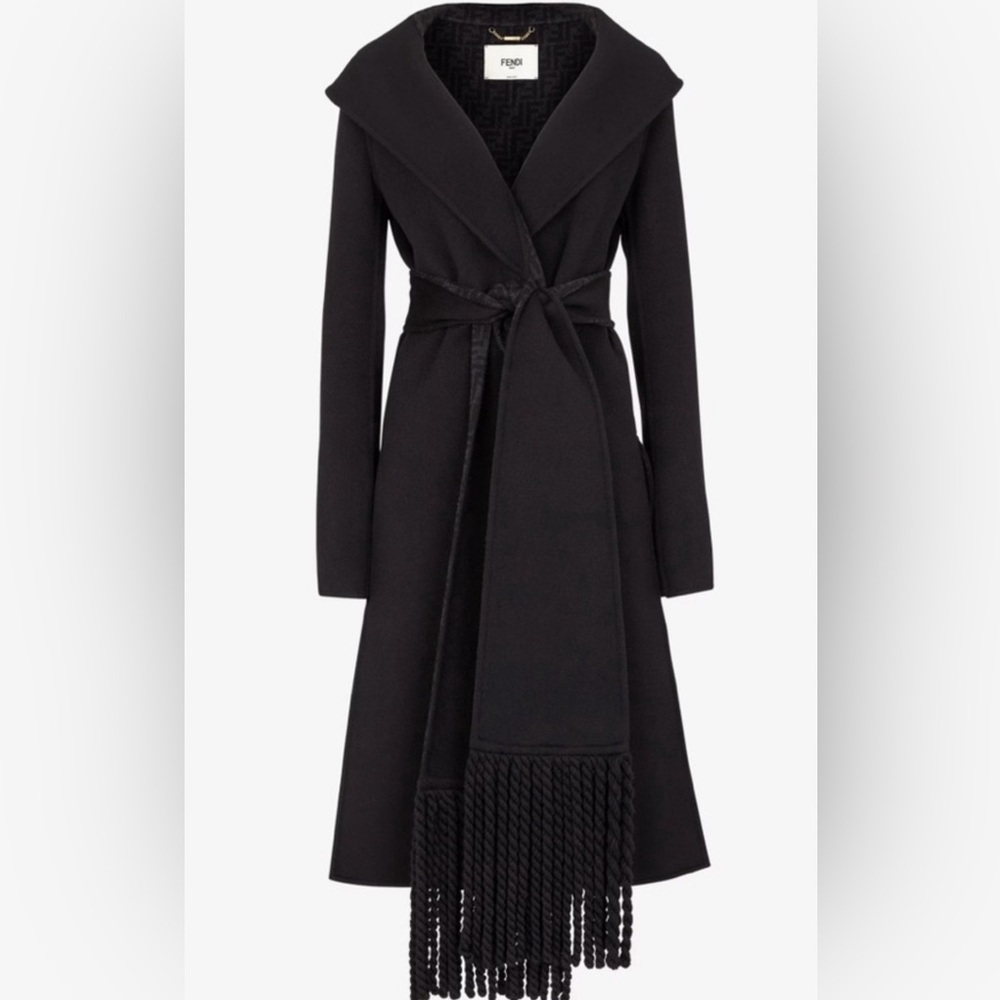Fendi $5750 2023/24 Wool Coat With FF Motif Details and Handmade Scarf Tie